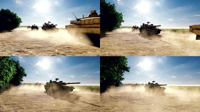 军用坦克在沙场上晴天骑在尘土飞扬的道路上。