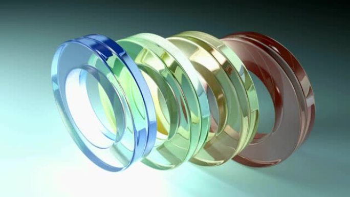 彩色玻璃环在蓝色背景上对齐，光线穿过-3D渲染视频剪辑