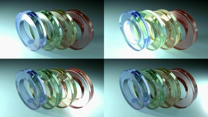 彩色玻璃环在蓝色背景上对齐，光线穿过-3D渲染视频剪辑