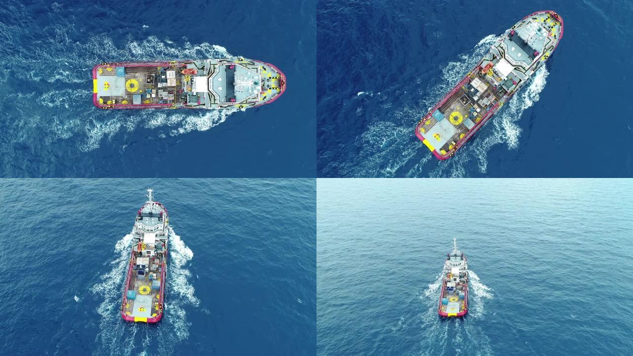 海上空中俯视图船运输燃料和动力概念