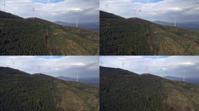 跳伞运动员飞过覆盖着绿树的山顶上的风力发电机