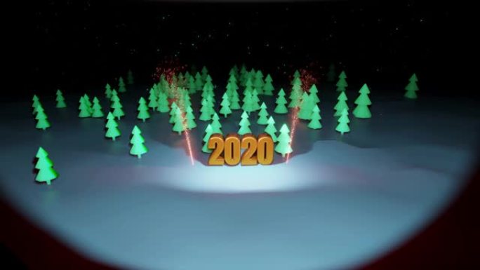 圣诞之夜组成圣诞树森林，其中2020的金色数字在4k中突出显示烟花。卡通风格的新年作文与降雪15