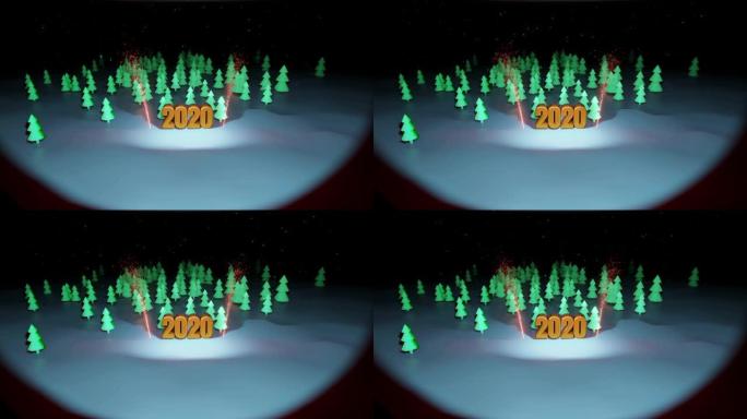 圣诞之夜组成圣诞树森林，其中2020的金色数字在4k中突出显示烟花。卡通风格的新年作文与降雪15