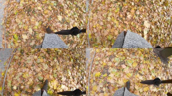 一个拿着雨伞的年轻女子在秋天的公园里走在落叶上。