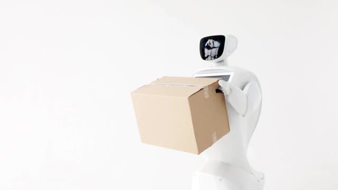 手拿纸板箱的人形自主机器人。今天的控制论系统。现代机器人技术。白色背景
