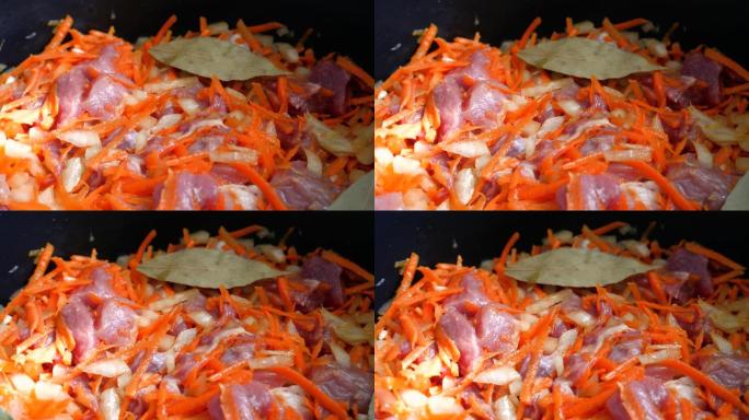 用香料，胡萝卜，洋葱和月桂叶切成薄片的生猪肉