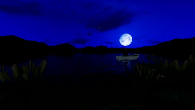 渔夫船在被满月环绕的湖面上，面对星空，高清