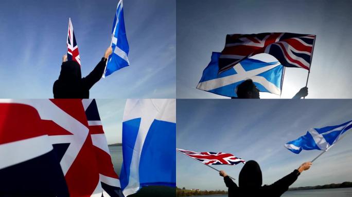 英国脱欧的问题，两面苏格兰和英国国旗