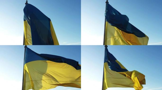 4k乌克兰黄蓝旗帜，蓝天背景，特写，