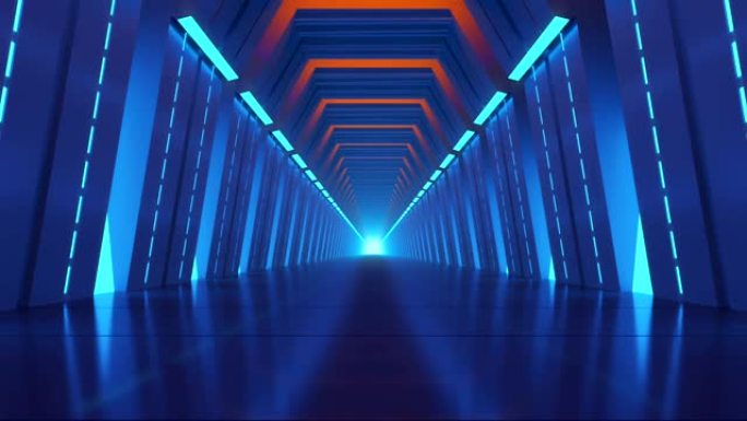未来的蓝色大厅，相机向前移动。在宇宙内部缓慢行走。3D循环插图。