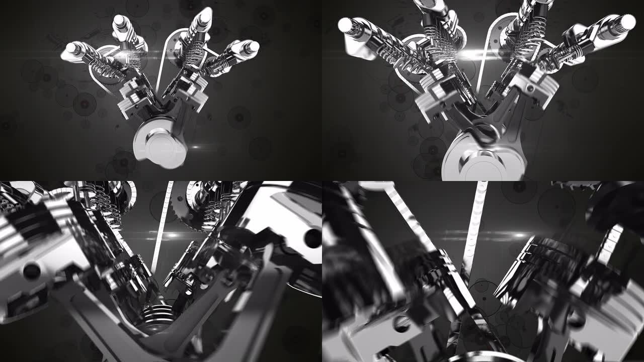 燃油喷射V8发动机的3D动画。摄像机向前移动