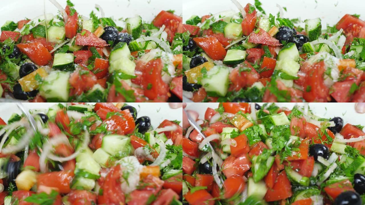 盐沙拉配红番茄、青黄瓜、洋葱和橄榄