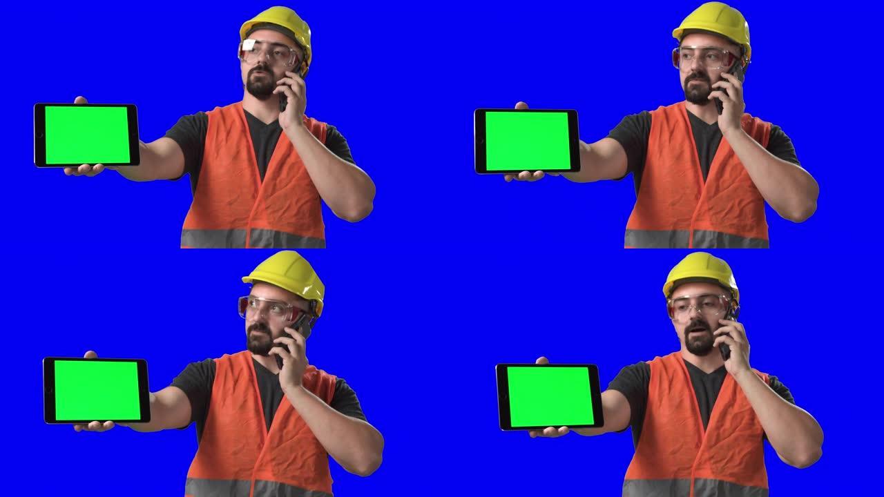 工人，工程师或建筑师在电话上聊天，显示数字平板电脑色度绿色屏幕背景