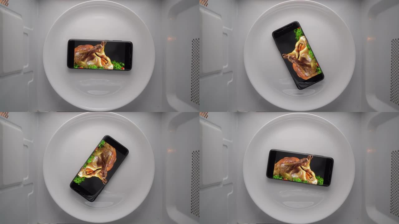 手机放在盘子里，用微波炉在屏幕上烤感恩节火鸡。
