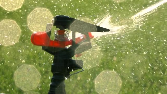 慢动作花园灌溉喷头，配有bokeh浇灌草坪。特写镜头