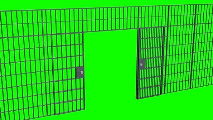 监狱的铁栏和门。开放监狱酒吧的动画。