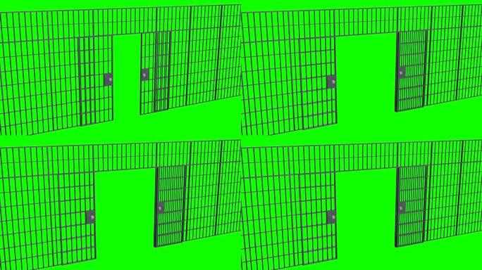 监狱的铁栏和门。开放监狱酒吧的动画。
