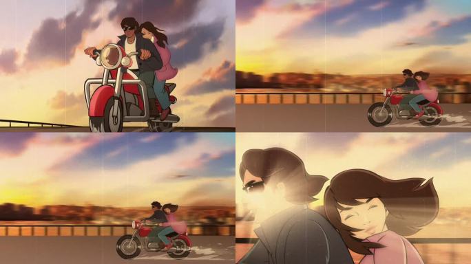90年代男生骑着摩托车带着女生 动画