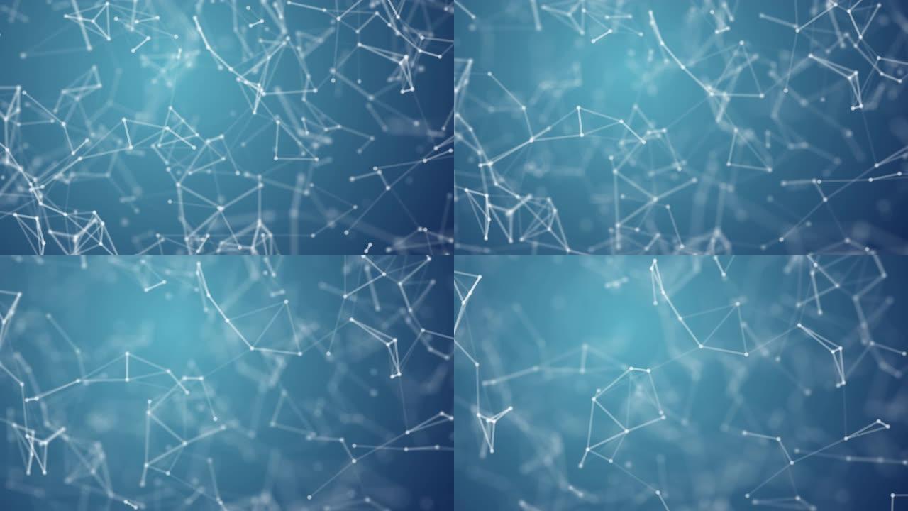 3D抽象白色几何飞行线框网络和连接蓝色背景上的点空间。安全未来计算机和科学概念。抽象技术插图运动图形