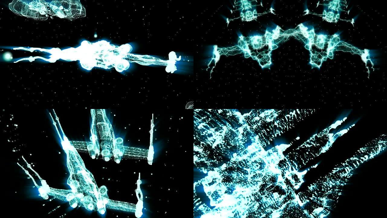 美丽的太空动画之旅穿越由霓虹灯点组成的天城和星空人物的空间