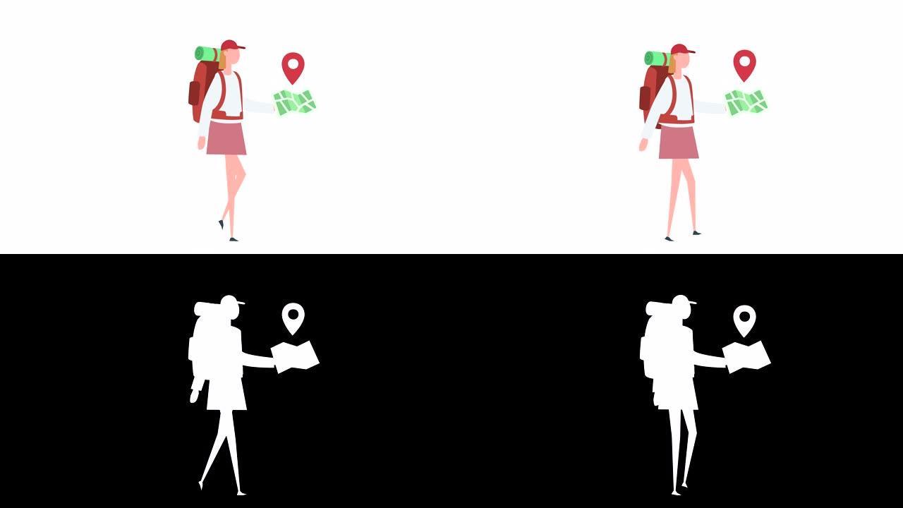 平面卡通彩色女性角色动画。女孩步行自行车与地图全球定位系统导航图钉情况