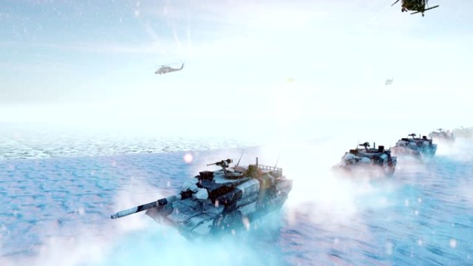 军用坦克和军用直升机在战场上晴朗的冬日移动。