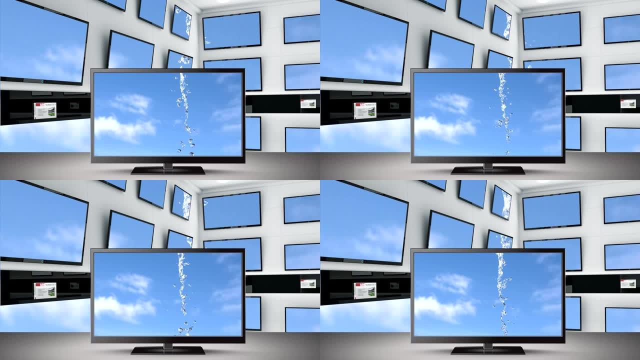 蓝天，云彩和电视屏幕上的水飞溅
