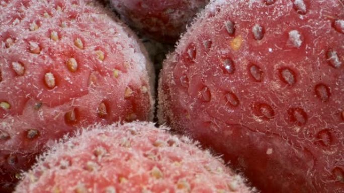 新鲜冷冻草莓的极端特写，旋转360度，特写