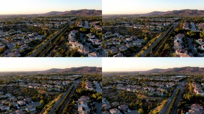 日落时住宅现代分区的鸟瞰图