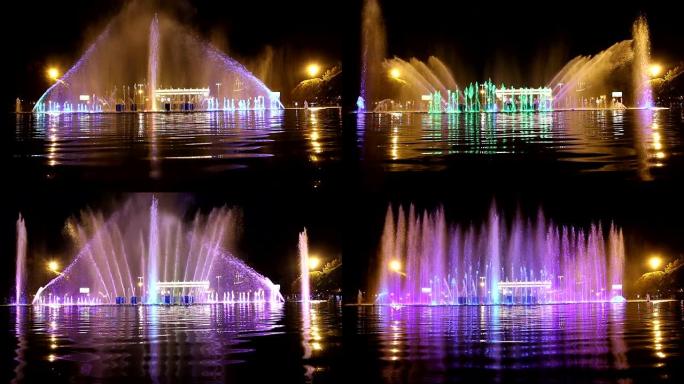 俄罗斯莫斯科高尔基公园 (夜间) 舞蹈喷泉的彩灯