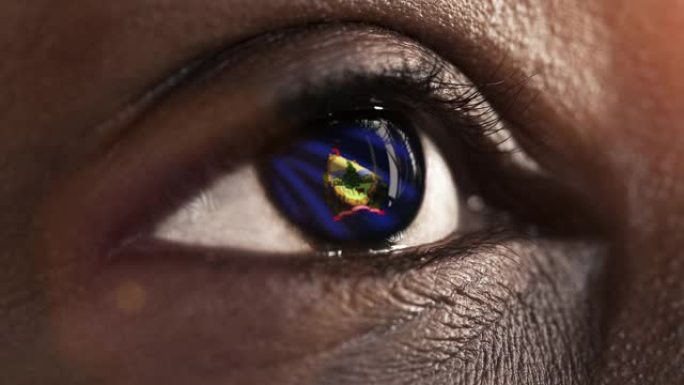 女人黑眼睛在近距离与佛蒙特州的旗帜在iris，美国与风运动。视频的概念