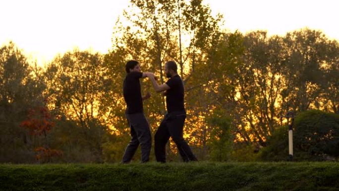 森林中的两个人在日落时练习咏春拳的武术
