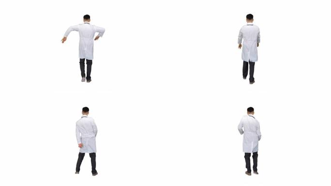 穿着医疗制服的英俊医生在白色背景上跳舞