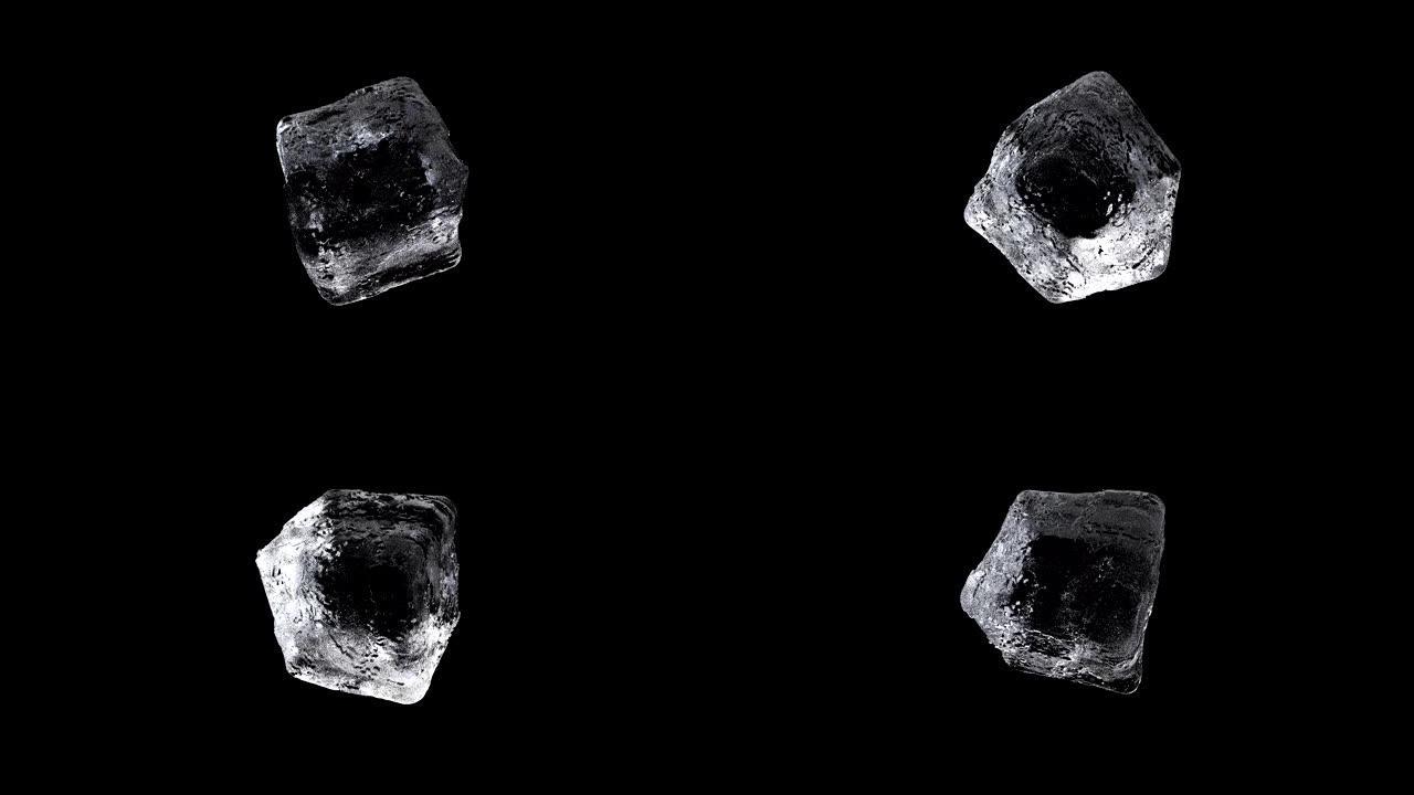 旋转冰块，透明水晶3d逼真镜头。立方冰形转动运动视频。黑色背景上的冰川块。立体几何图形运动动画