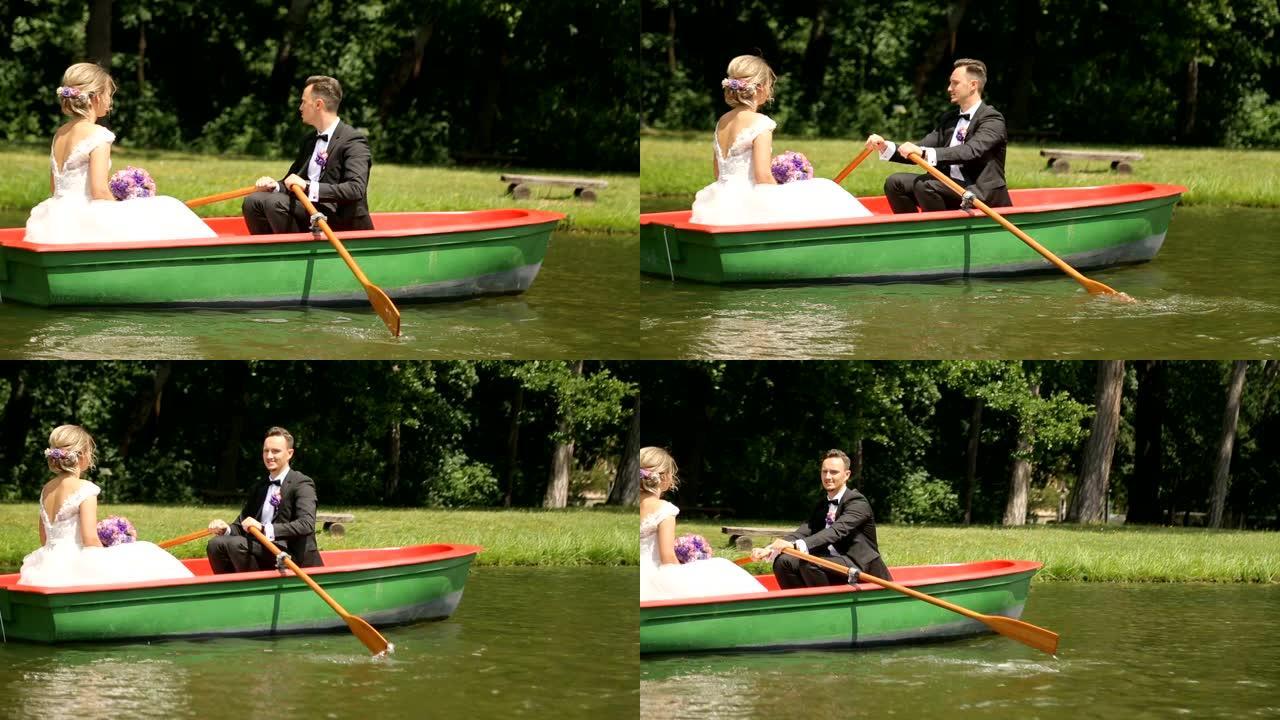 夫妻在婚礼当天在大自然中划桨
