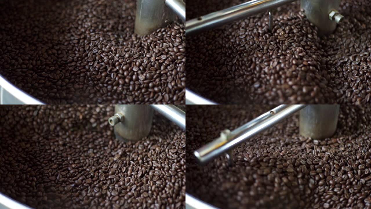 在现代咖啡烘焙机中烘焙咖啡豆的过程。
