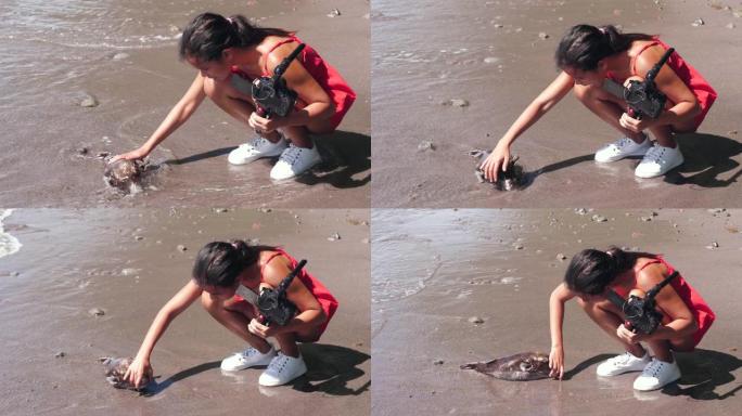 一名女性视频记录器在拍摄视频时在海边发现了一条死鱼。