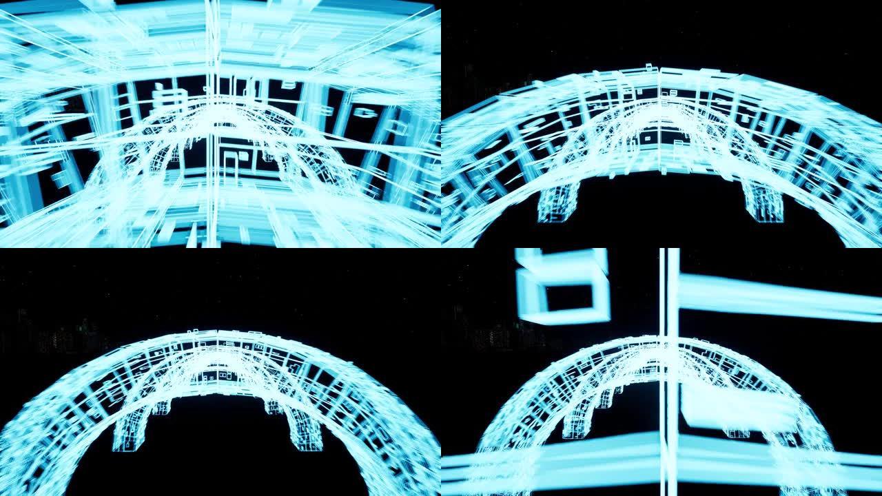 穿越霓虹拱门3d镜头。虚拟荧光拱门内的催眠飞行。未来网络空间隧道。虚拟曲线构造循环动画。无缝视频