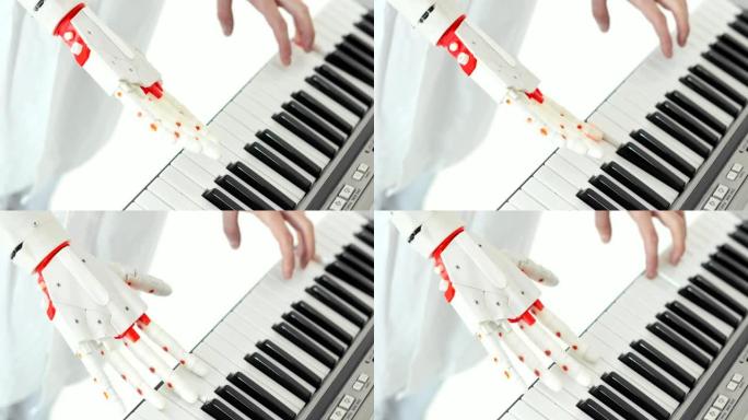科学家工程师正在品尝机器人假肢手在弹钢琴，试图按下正确的键