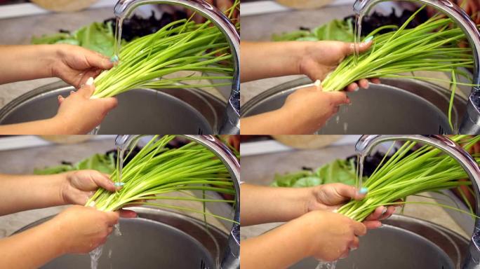 女人的手在厨房水槽里洗新鲜葱的特写镜头。4K。
