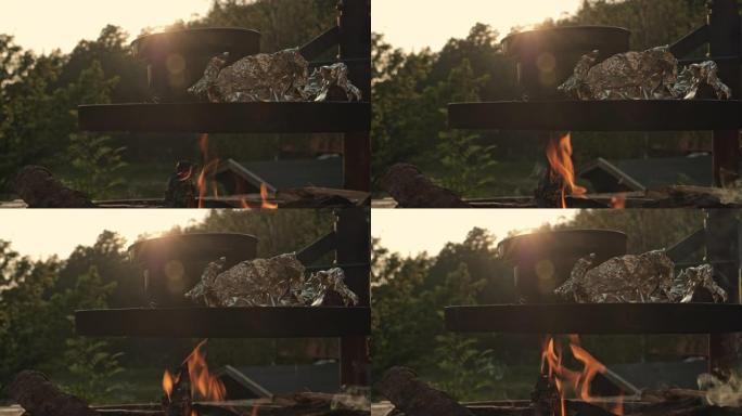 斯堪的纳维亚篝火在夏天晚上在户外烹饪食物