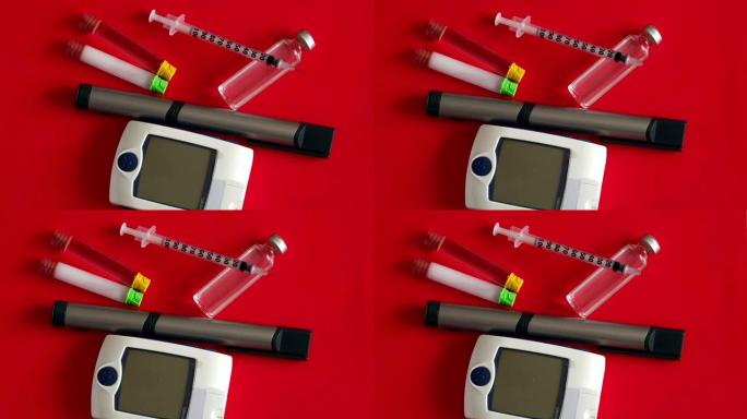 胰岛素注射器，血糖仪测量血糖，红底胰岛素