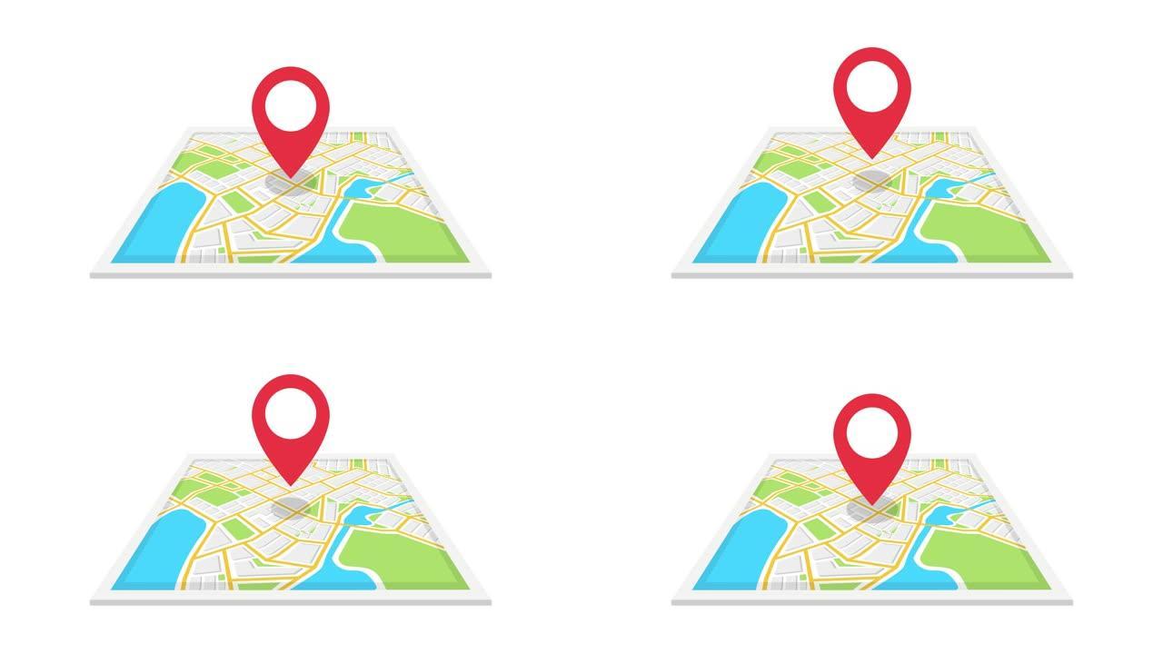 导航地图和红色检查点图标。白色背景上的循环动画。4k分辨率。