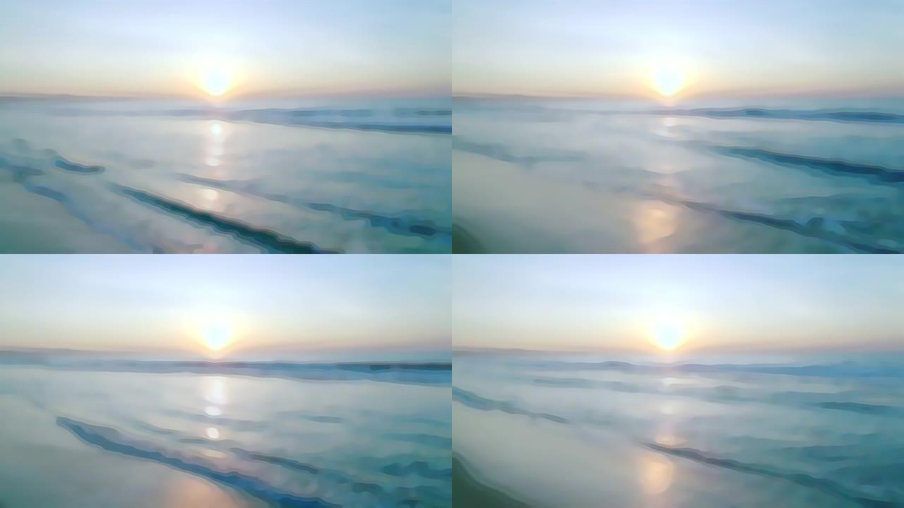 日落和柔软的海洋在沙质的傍晚海滩模糊的背景为视频过渡。天空中的早晨日出和海滩上的海浪，用于撰写视频片