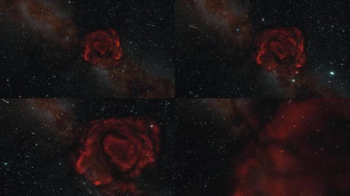 宇宙飞船在太空中接近红色星云。银河系中有数十亿颗恒星。美丽的星团