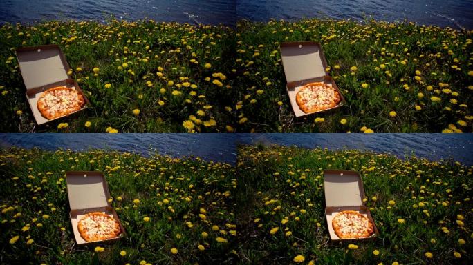 蒲公英海岸上的带披萨的纸板箱。