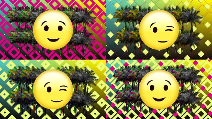 表情符号、棕榈树和方形图案