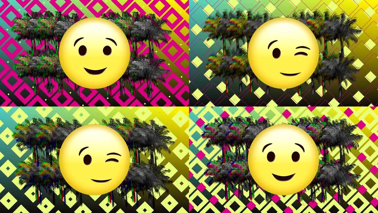 表情符号、棕榈树和方形图案