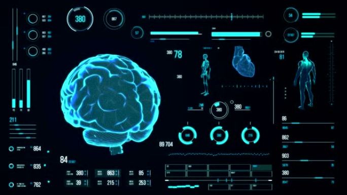 人脑扫描。具有HUD和信息图表元素的未来医学用户界面。虚拟技术背景。用于商业，游戏，运动设计，web