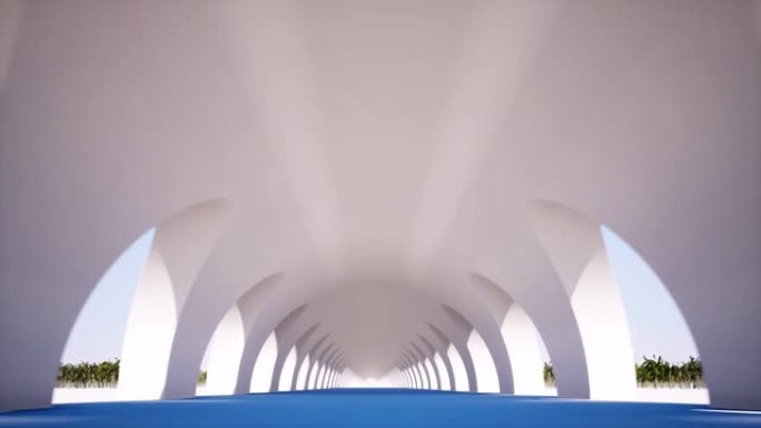 无缝镜头内部的无限隧道透视图。在无尽的走廊循环动画中前进。白天的当代建筑。无限效果，放大逼真的视频